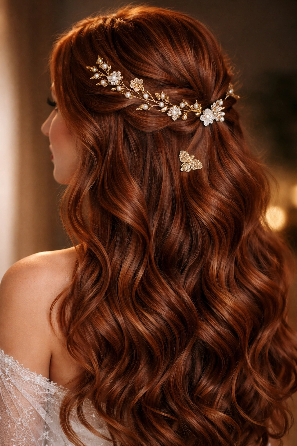Auburn wavy hair with decorative clips and accessories