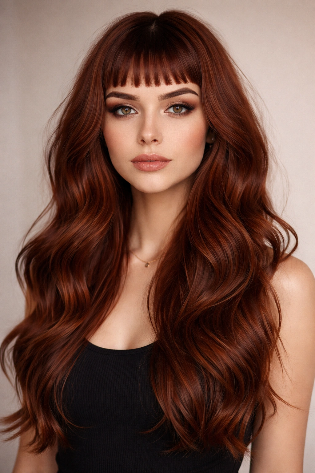 Auburn hair with micro bangs and loose waves