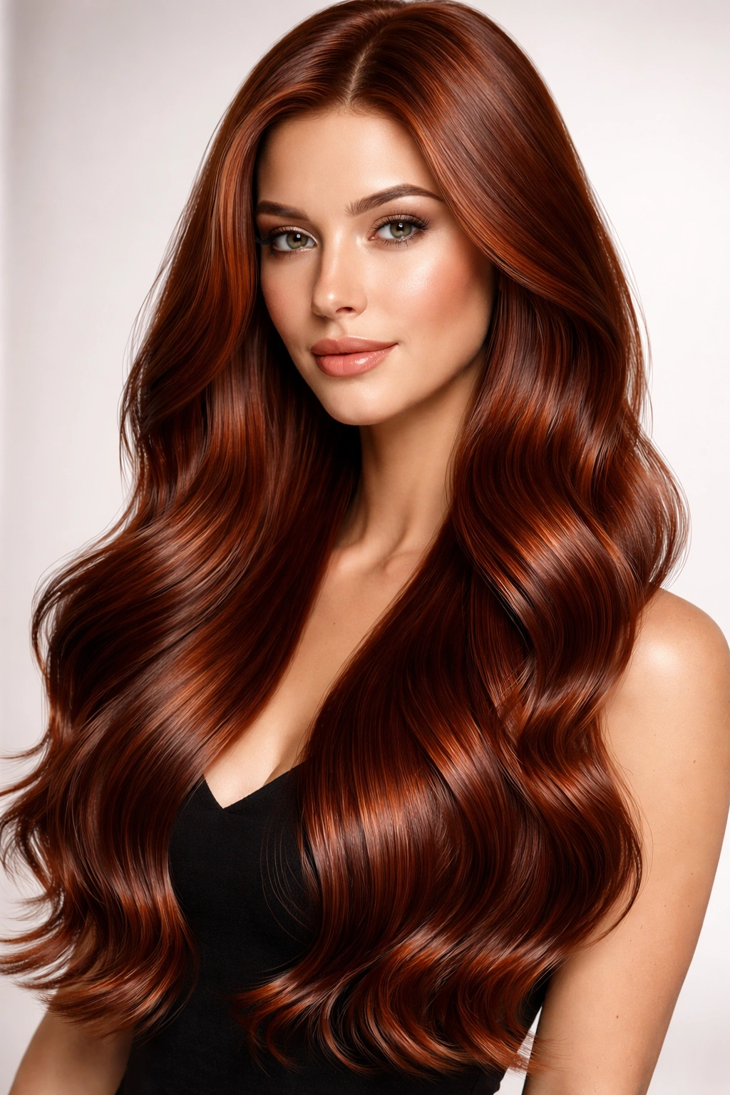 Auburn hair with sleek waves and high shine in studio lighting