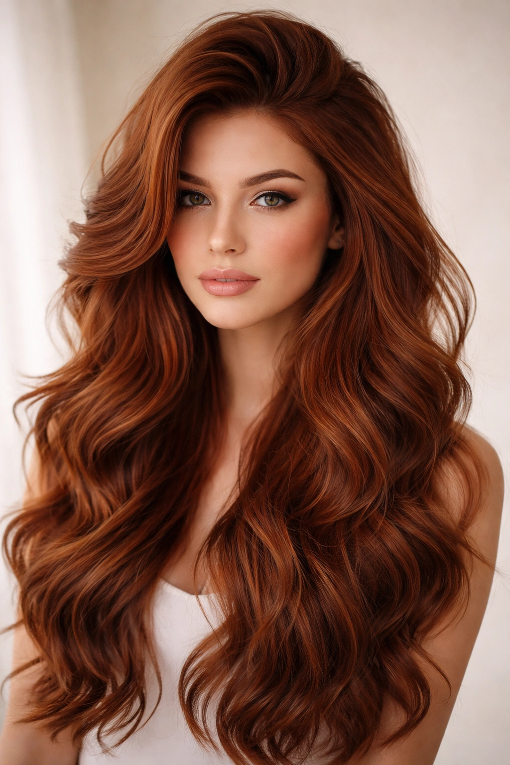 Close-up of auburn textured waves with voluminous crown lift