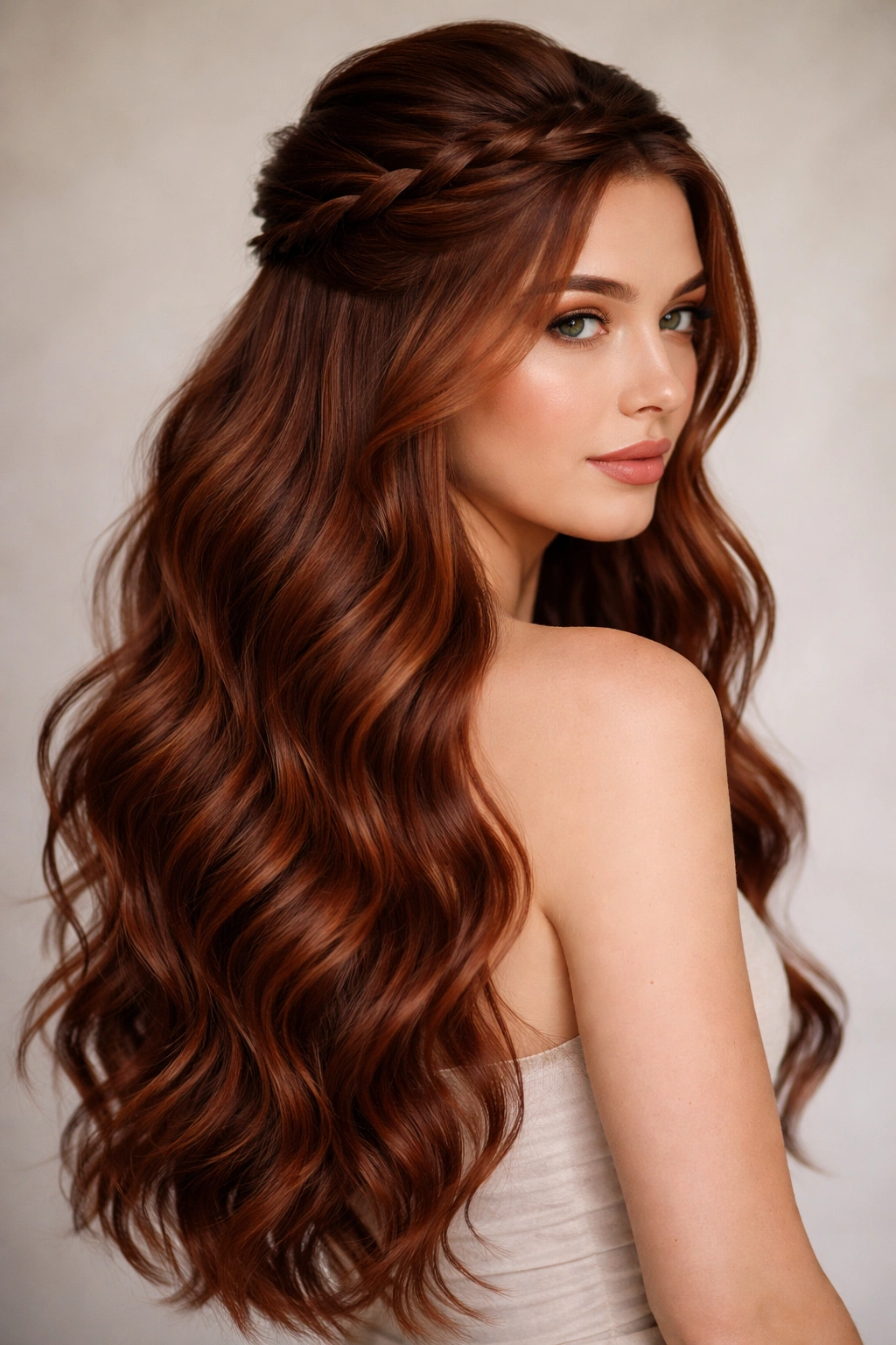 Auburn wavy half-up hairstyle with twisted crown