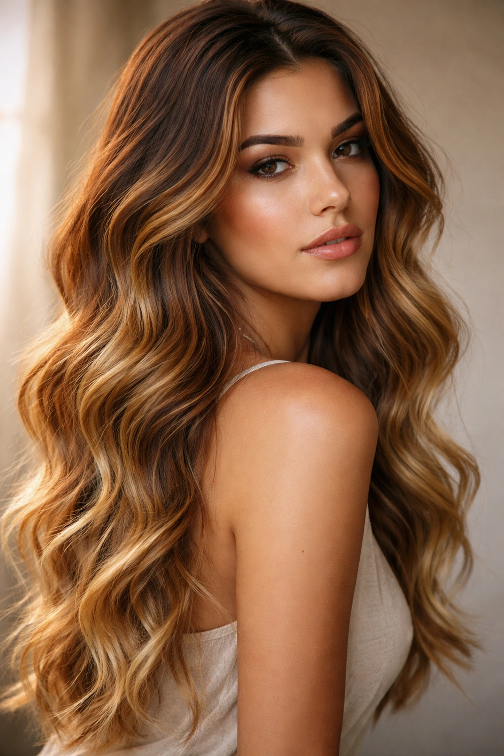 Close-up of auburn-to-honey ombre with loose waves and warm lighting