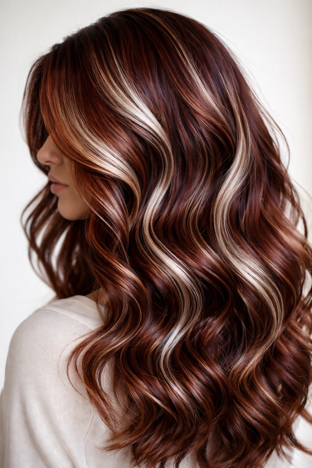 Auburn hair with platinum highlights in loose waves