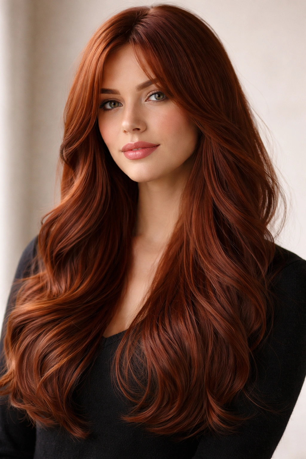 Portrait of long auburn red waves with curtain layers framing the face