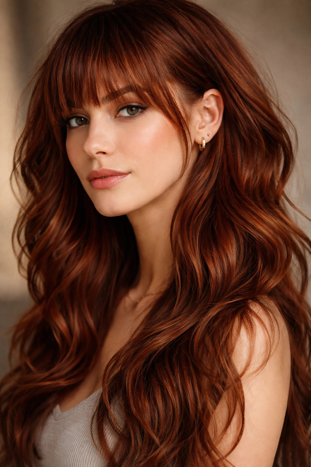 Auburn hair with loose waves and textured bangs; undercut hidden