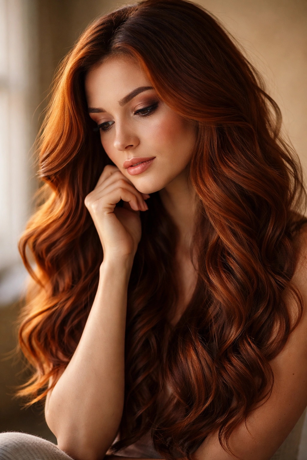 Editorial portrait of long auburn waves with warm lighting
