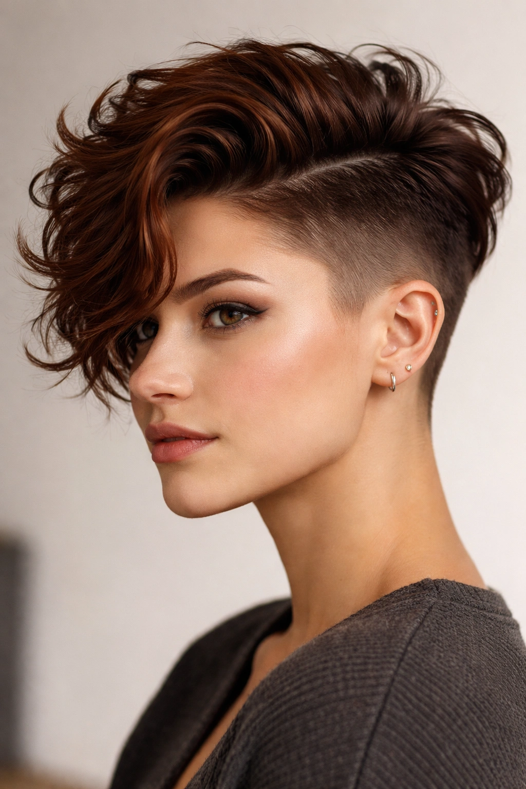 Auburn brown waves on top with a sharp undercut on the sides