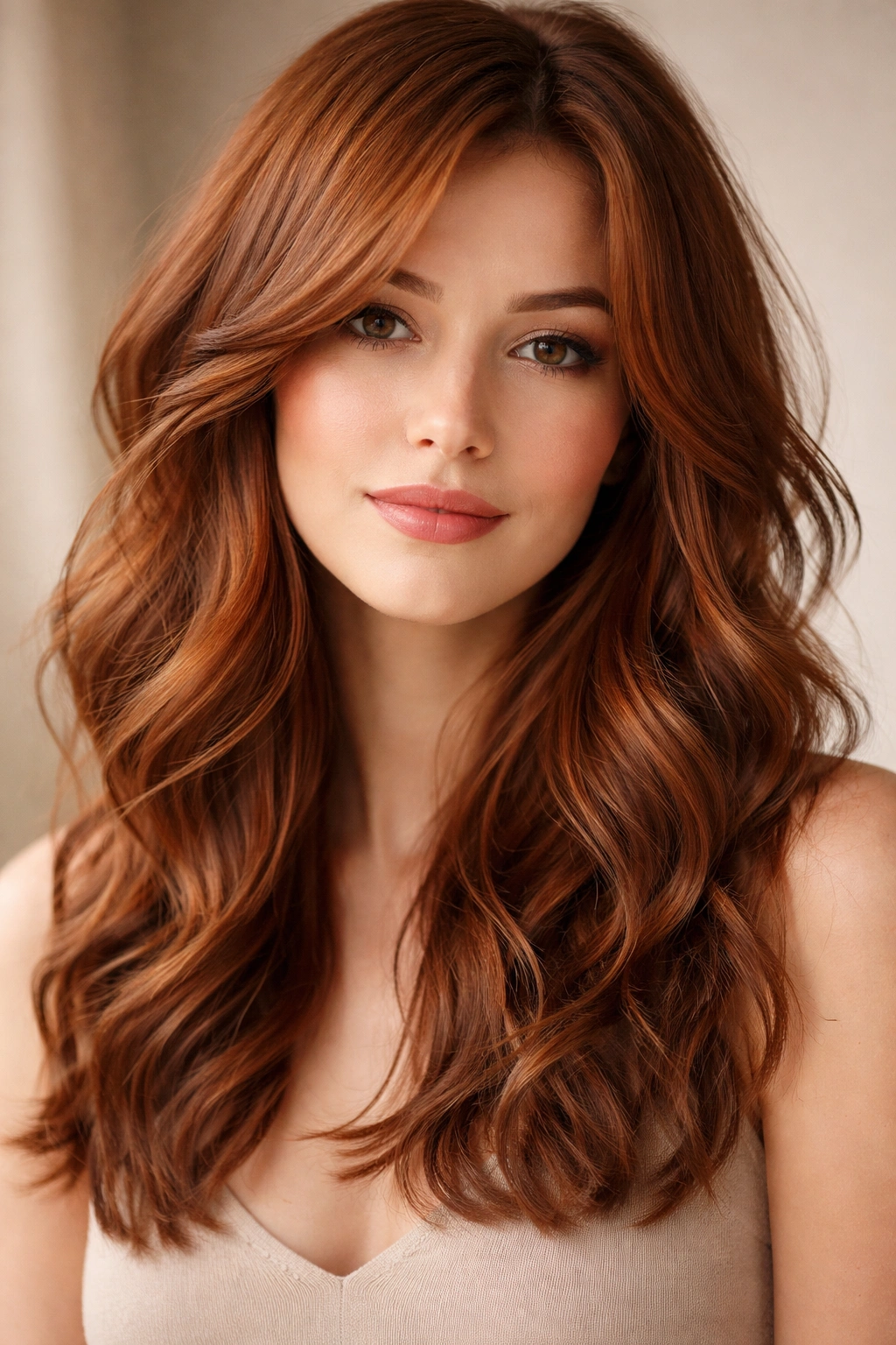 Close-up of shoulder-length auburn hair with soft waves and wispy layers