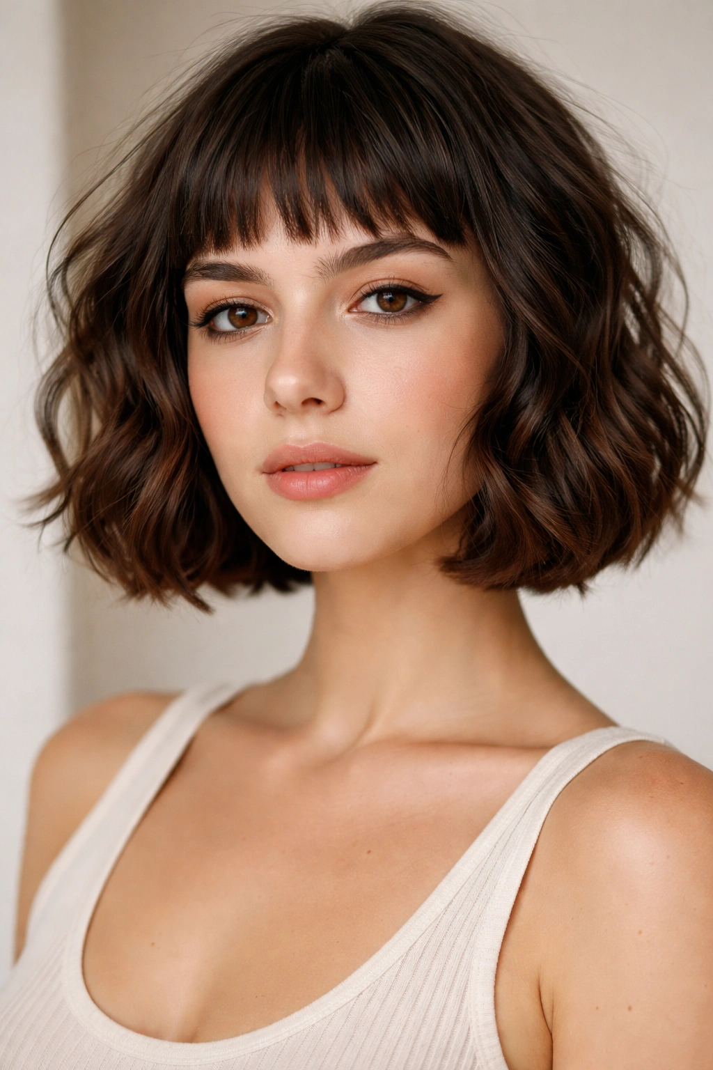 Close-up of baby bangs French bob with waves framing the eyes