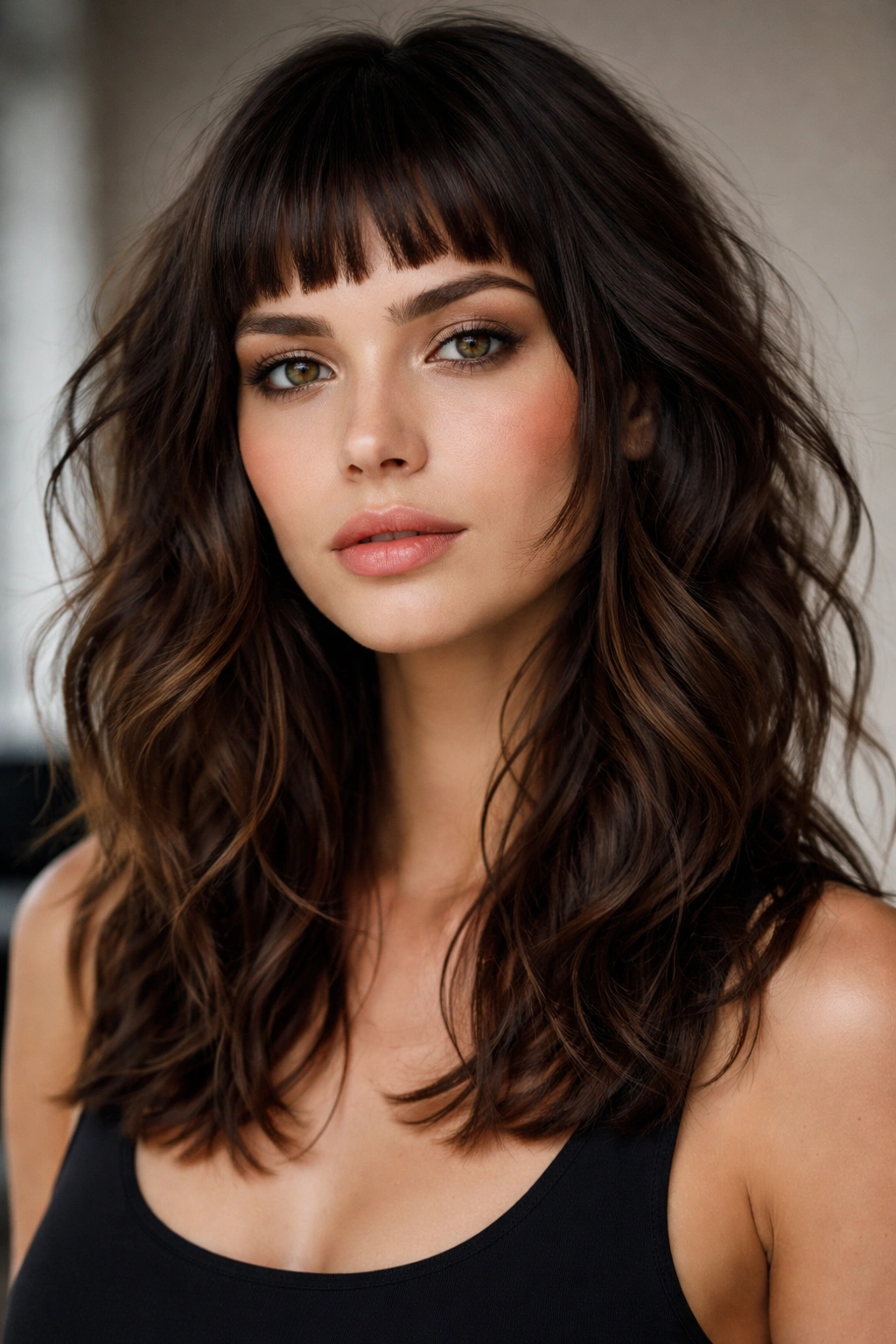 Face-framing choppy baby bangs with layered body down to the shoulders.