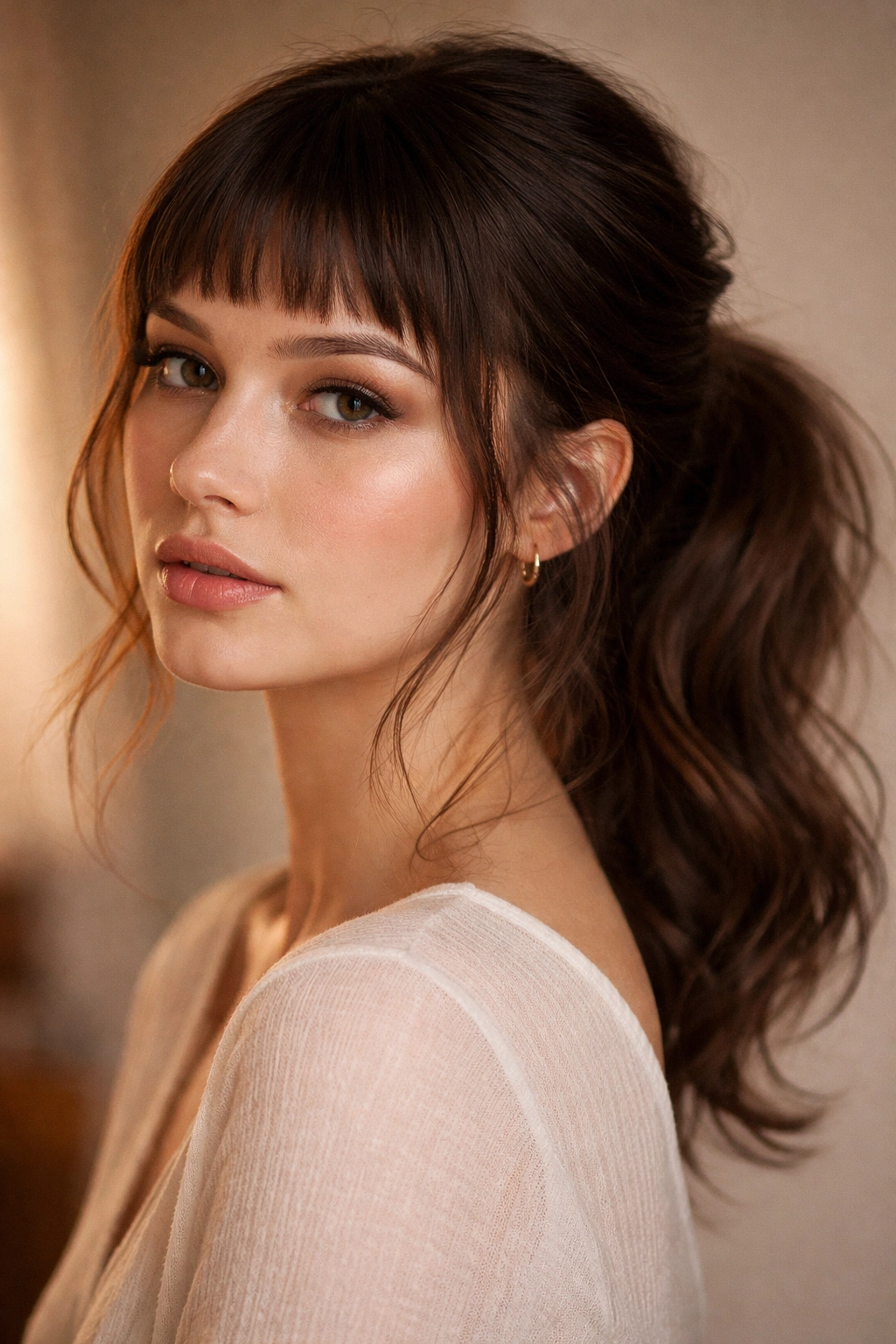Baby bangs with a loose romantic low ponytail