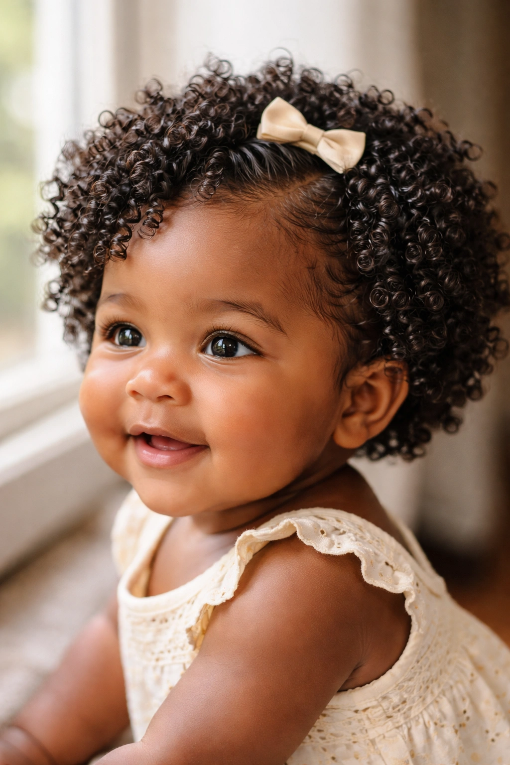 Close-up of baby curls and coils defined with moisture