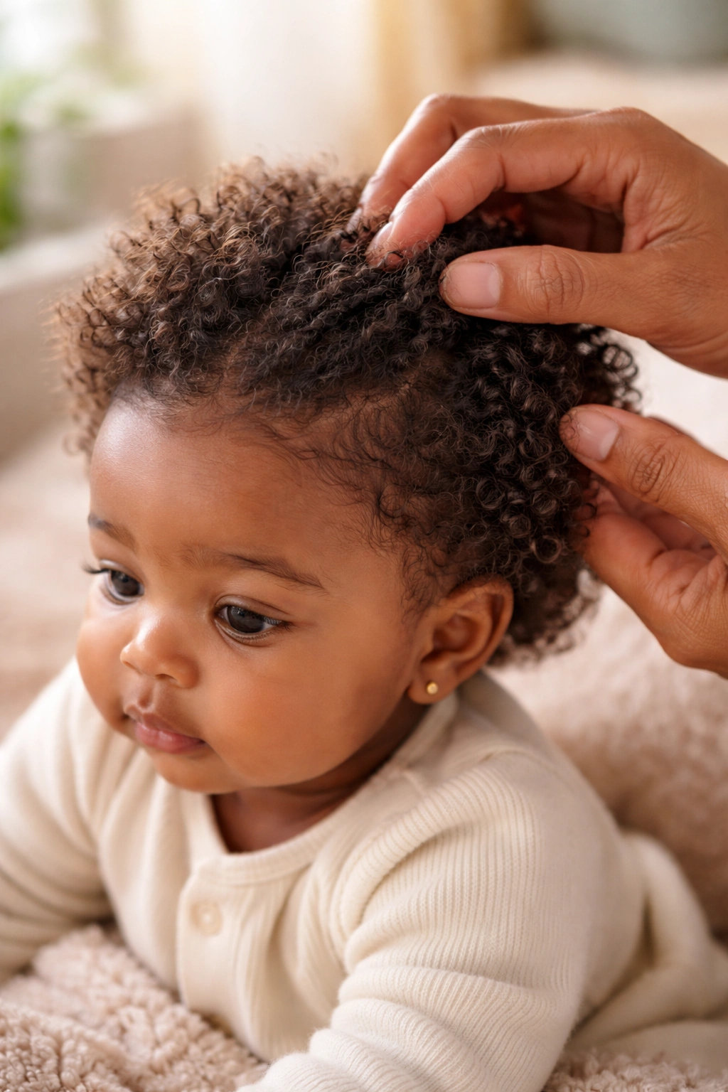 Close-up of a baby girl's hair being gently detangled to show healthy moisture