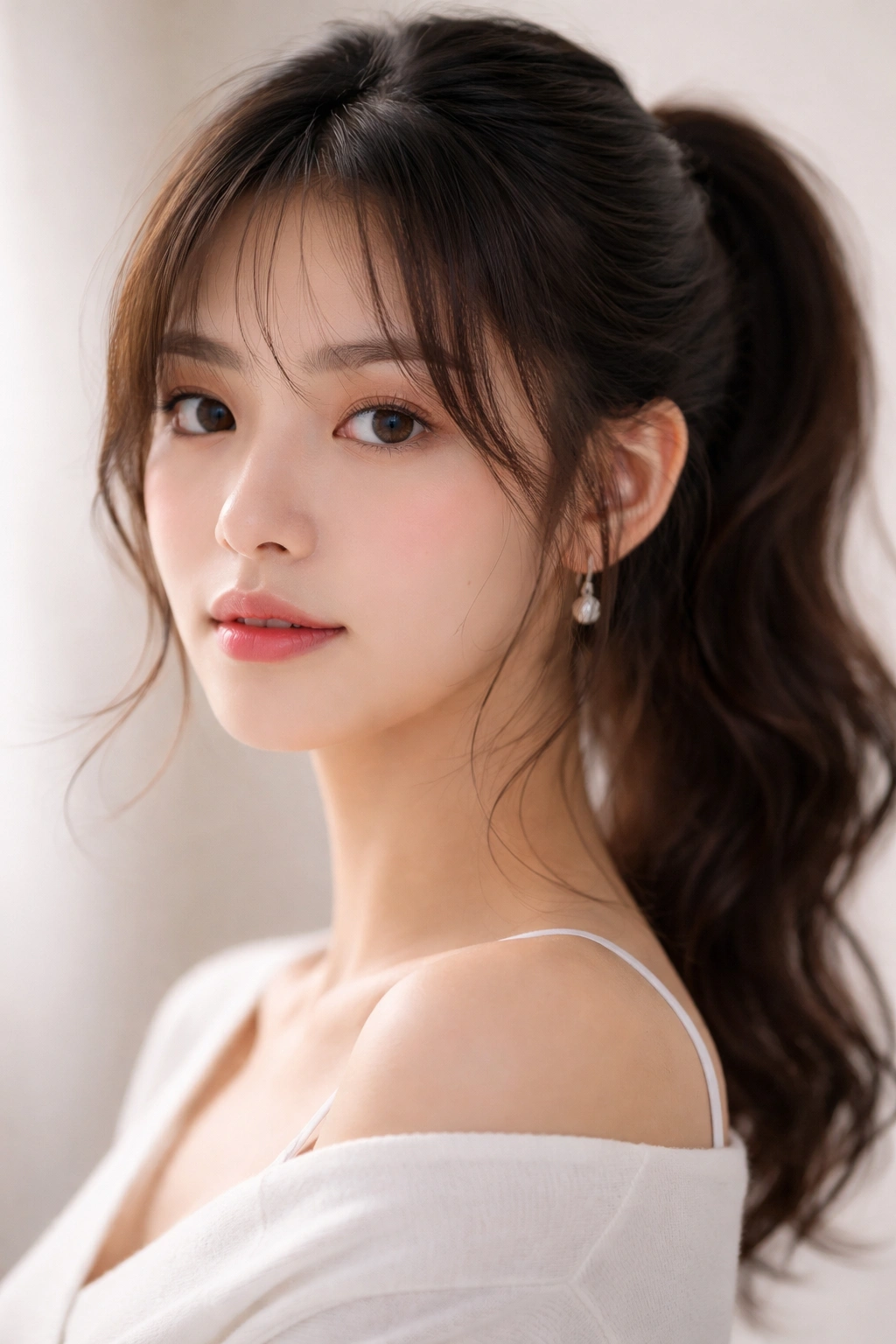 Face-framing wisps around temples with ponytail at back