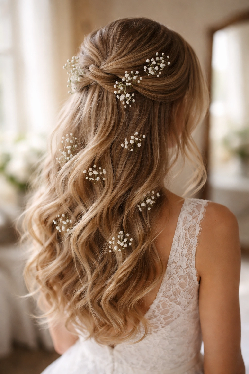 Half-up bridal hairstyle with scattered baby's breath woven through soft waves