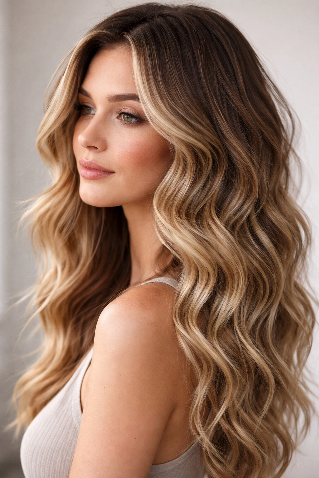 Beachy waves with soft balayage highlights creating natural texture and dimension.