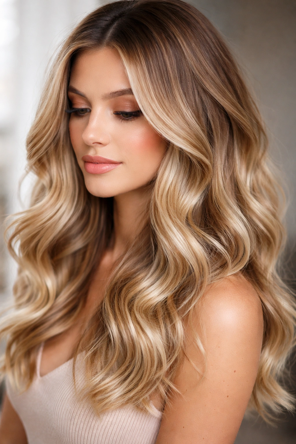 Medium-length blonde hair with extended roots and balayage in soft waves
