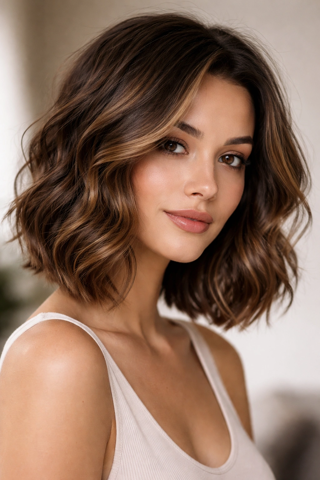 Soft brown balayage waves with face-framing lighter pieces and natural shine.