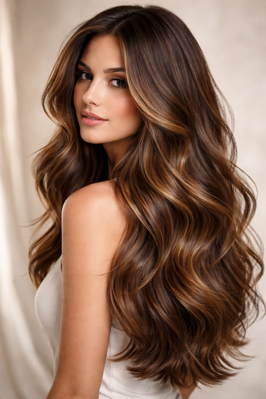 Sun-kissed balayage brown waves with long layers and dimension
