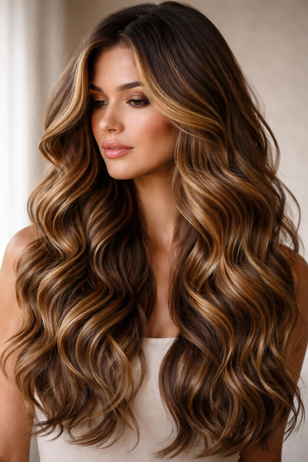 Close-up of long wavy hair with caramel balayage ribbons and face-framing highlights.