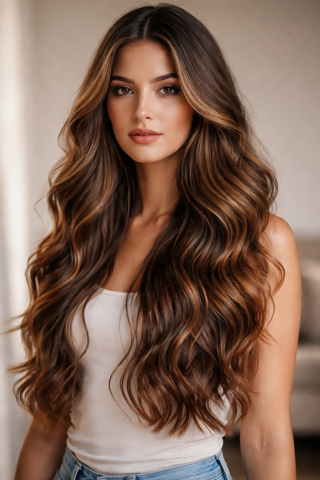 Long chestnut hair with subtle balayage caramel honey