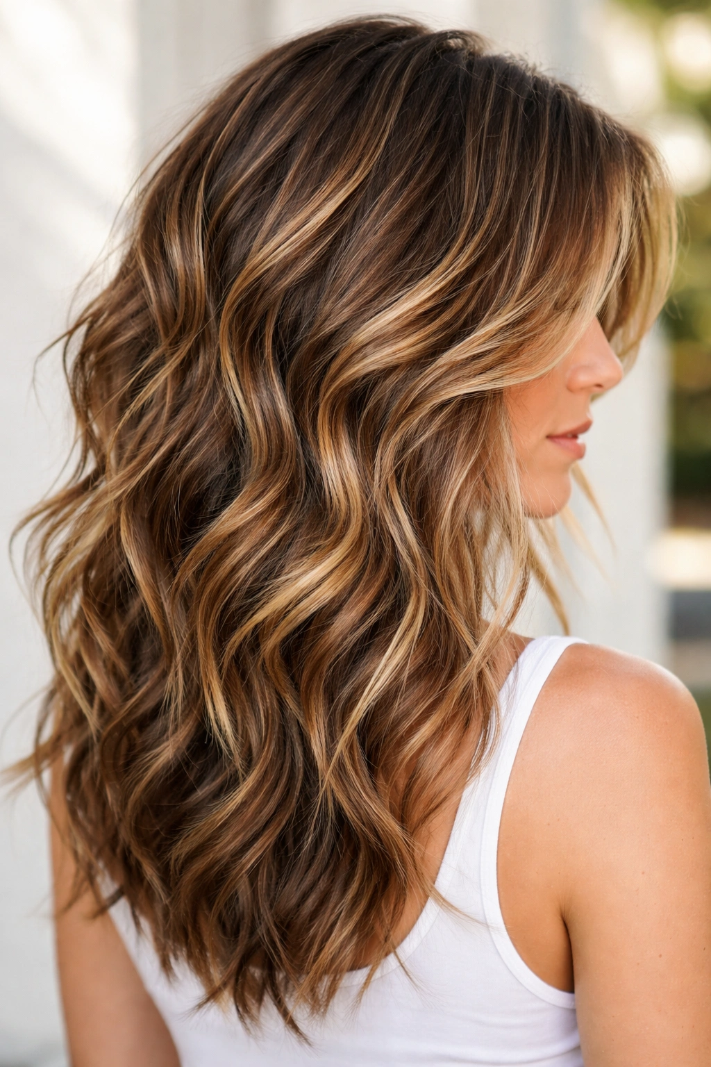 Sunlit balayage with choppy waves and dimensional color on long hair