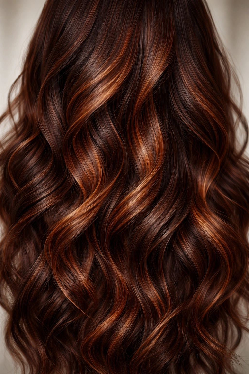Long auburn hair with copper balayage highlights weaving through textured waves