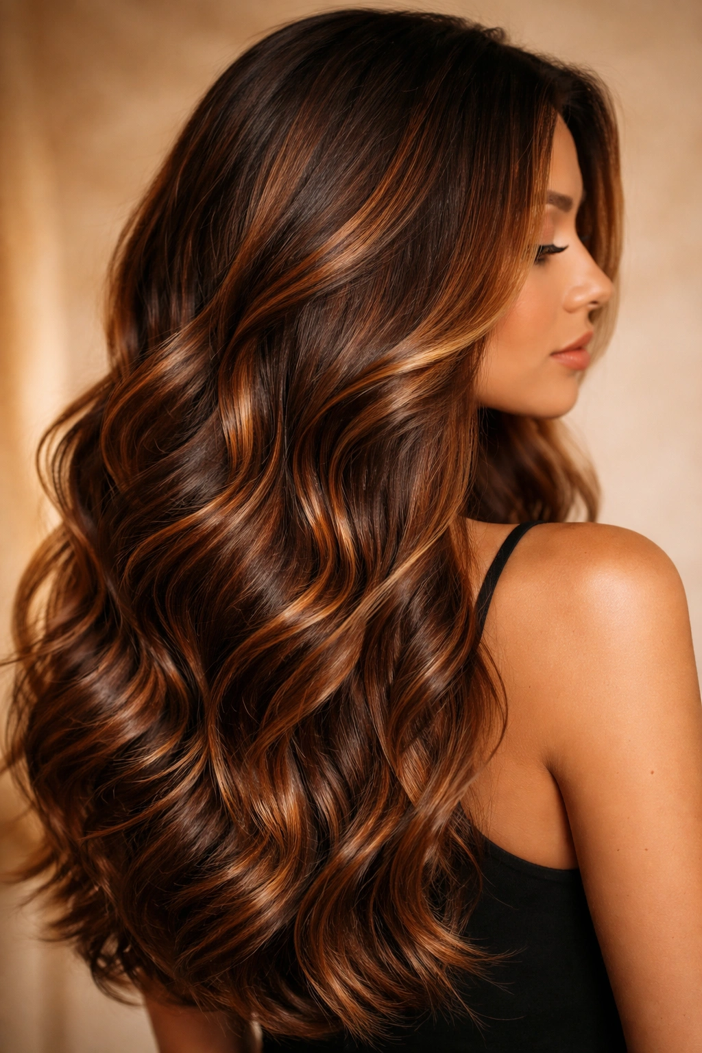 Profile view of copper and bronze balayage on long warm-toned waves