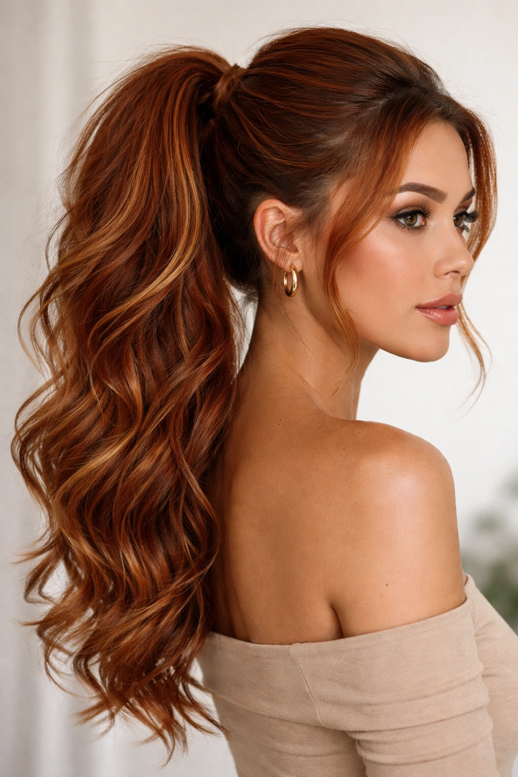 High ponytail with multi-tone balayage ginger shades on olive undertone skin
