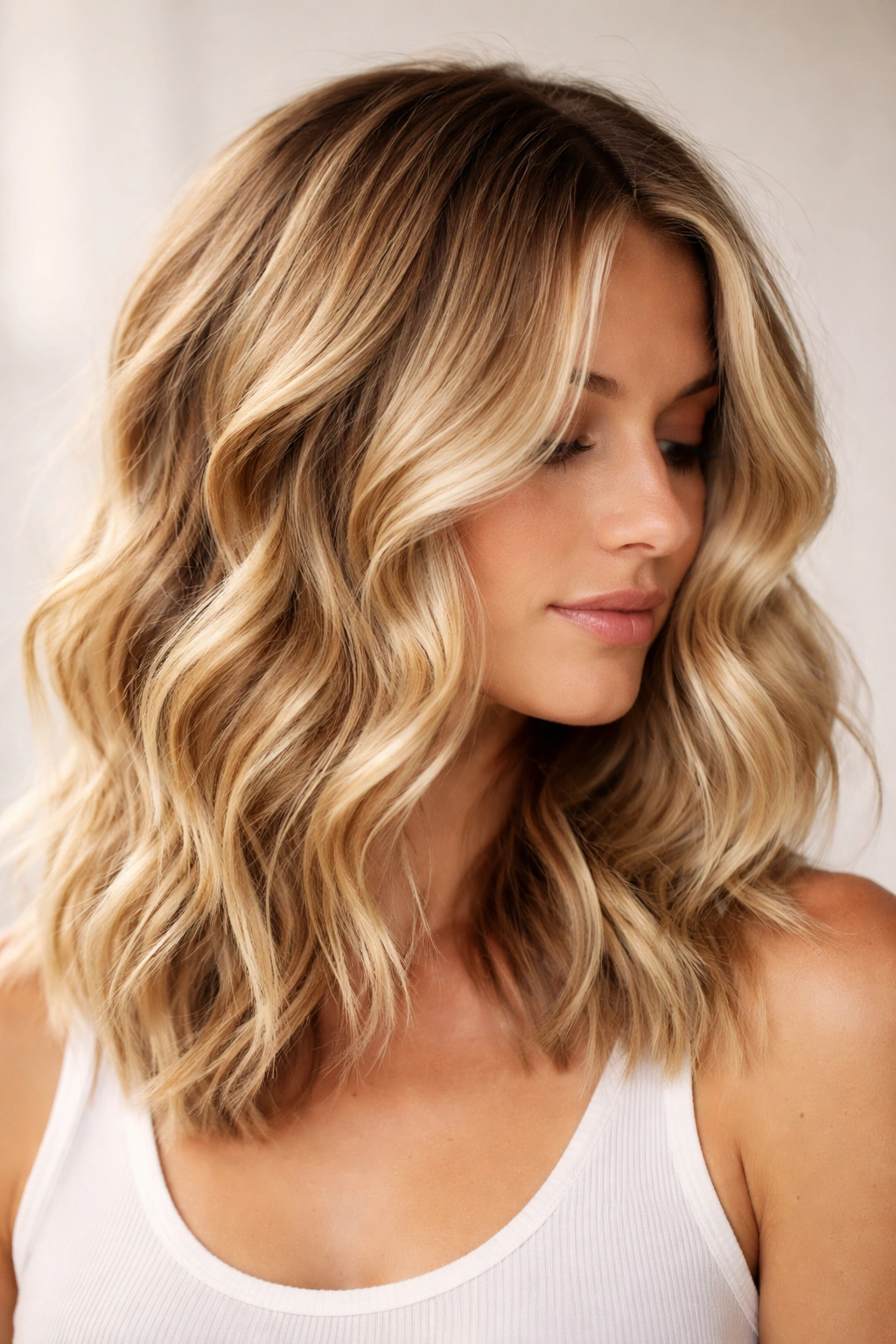 Close-up of shoulder-length balayage blonde hair with dimensional waves