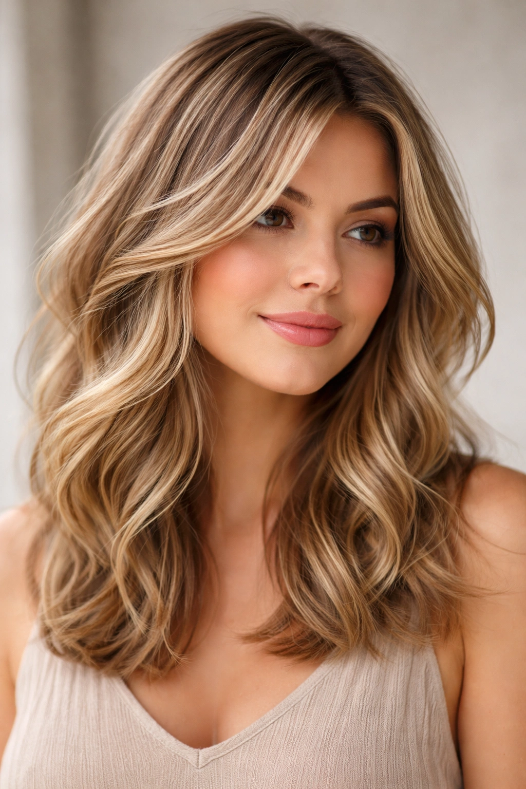 Layered mid-length hairstyle with blonde balayage and soft waves