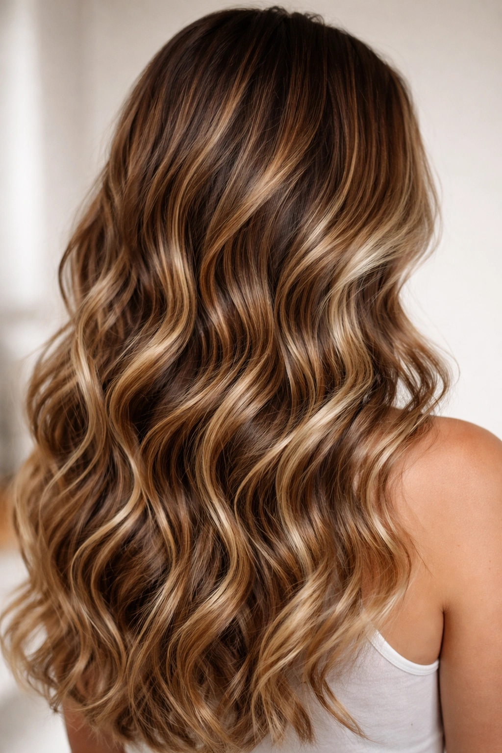 Texture waves with balayage highlights in caramel and champagne tones