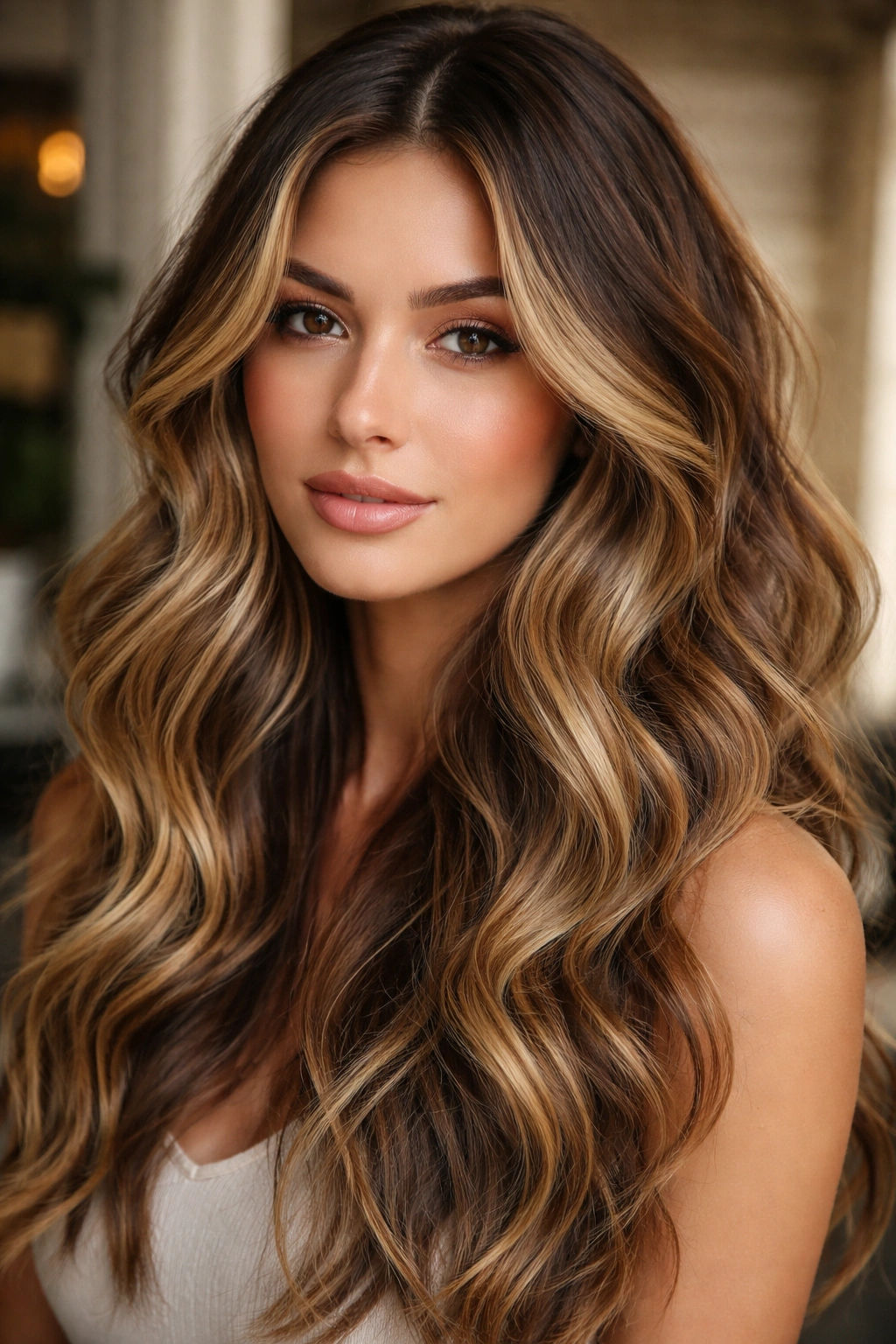 Dimensional balayage highlights on textured waves catching light