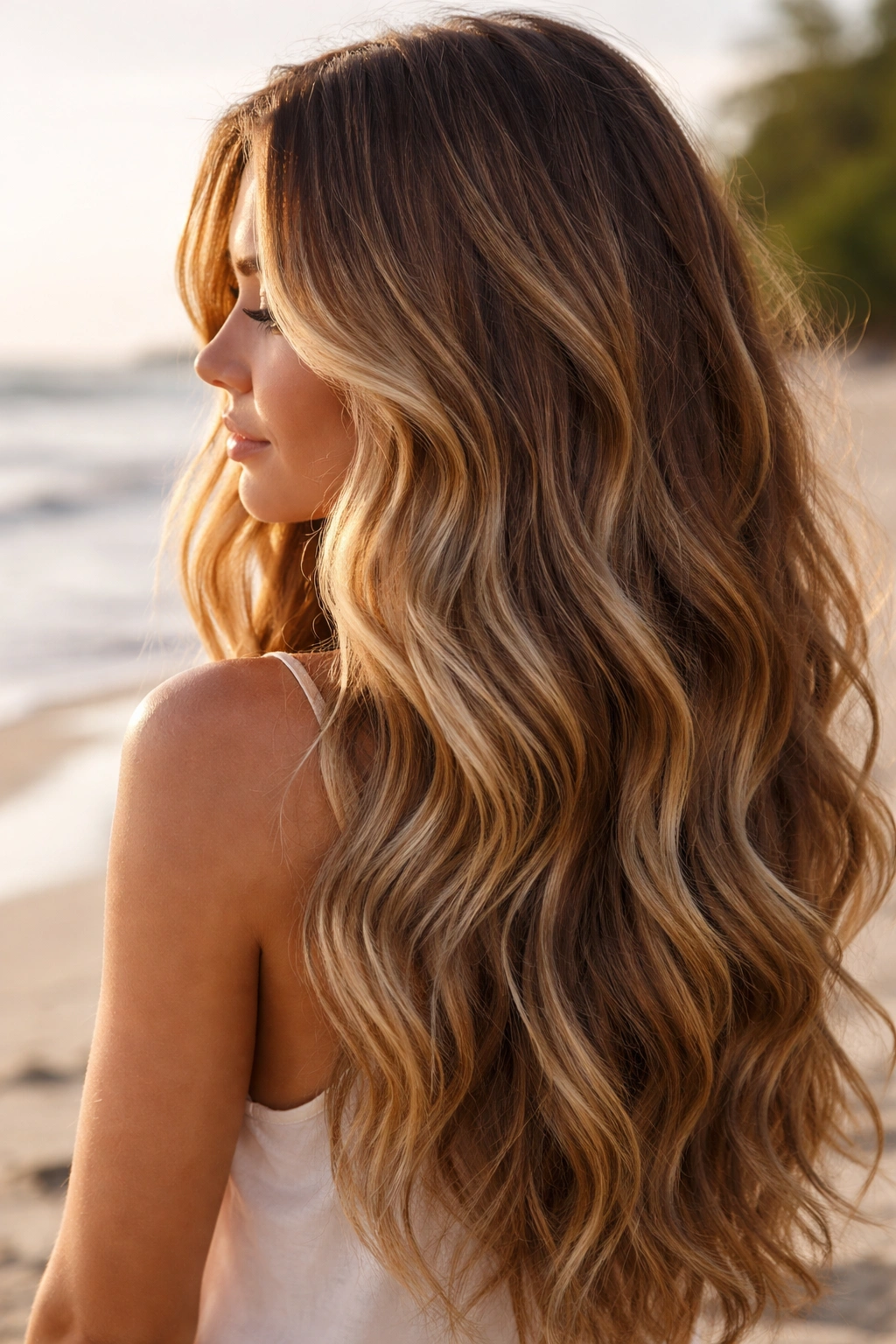 Long brunette hair with sun-kissed blonde balayage and loose beachy waves