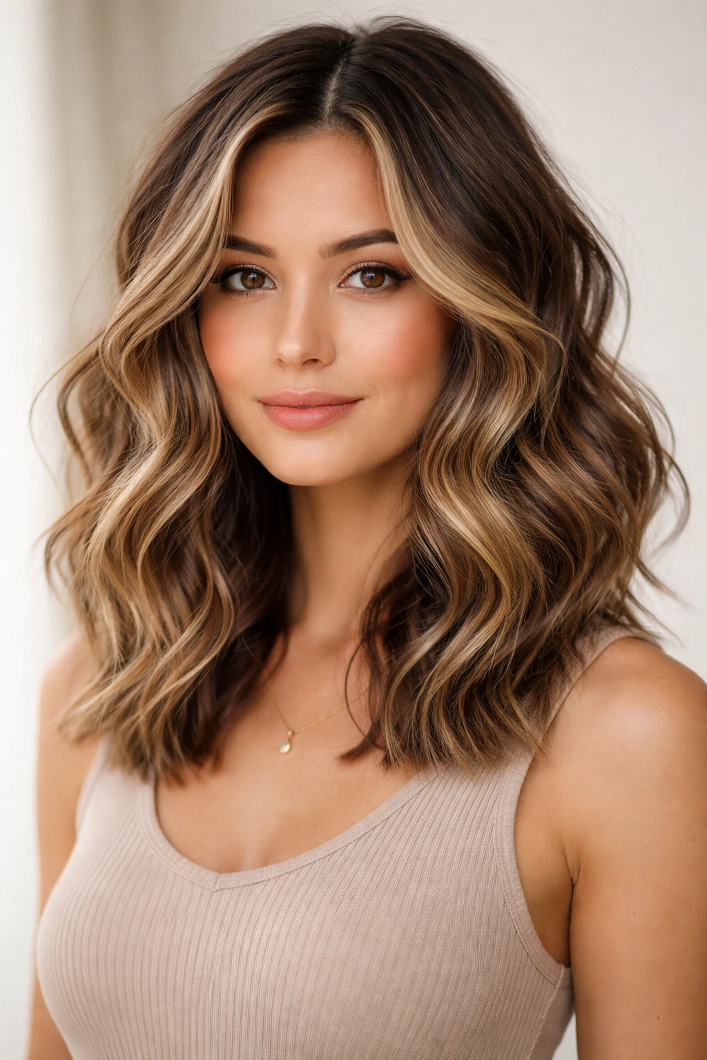 Shoulder-length wavy hair with dimensional balayage highlights catching light