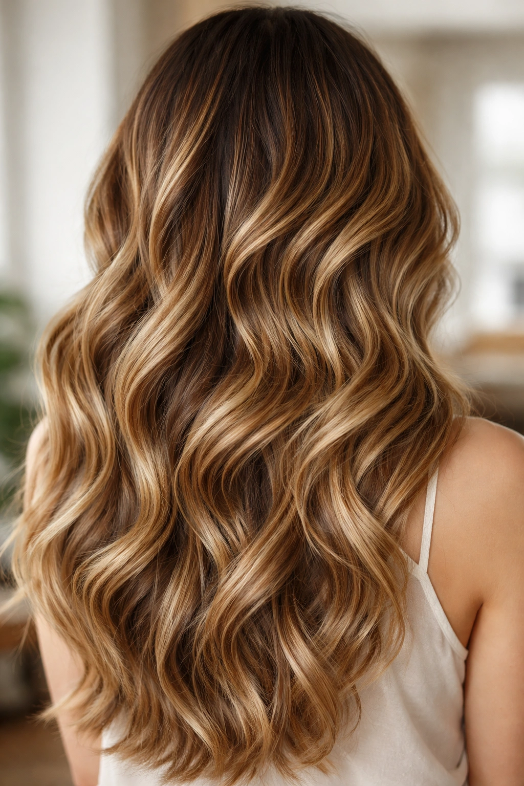 Close-up of wavy hair with balayage in warm honey and subtle cool highlights, showing movement and depth