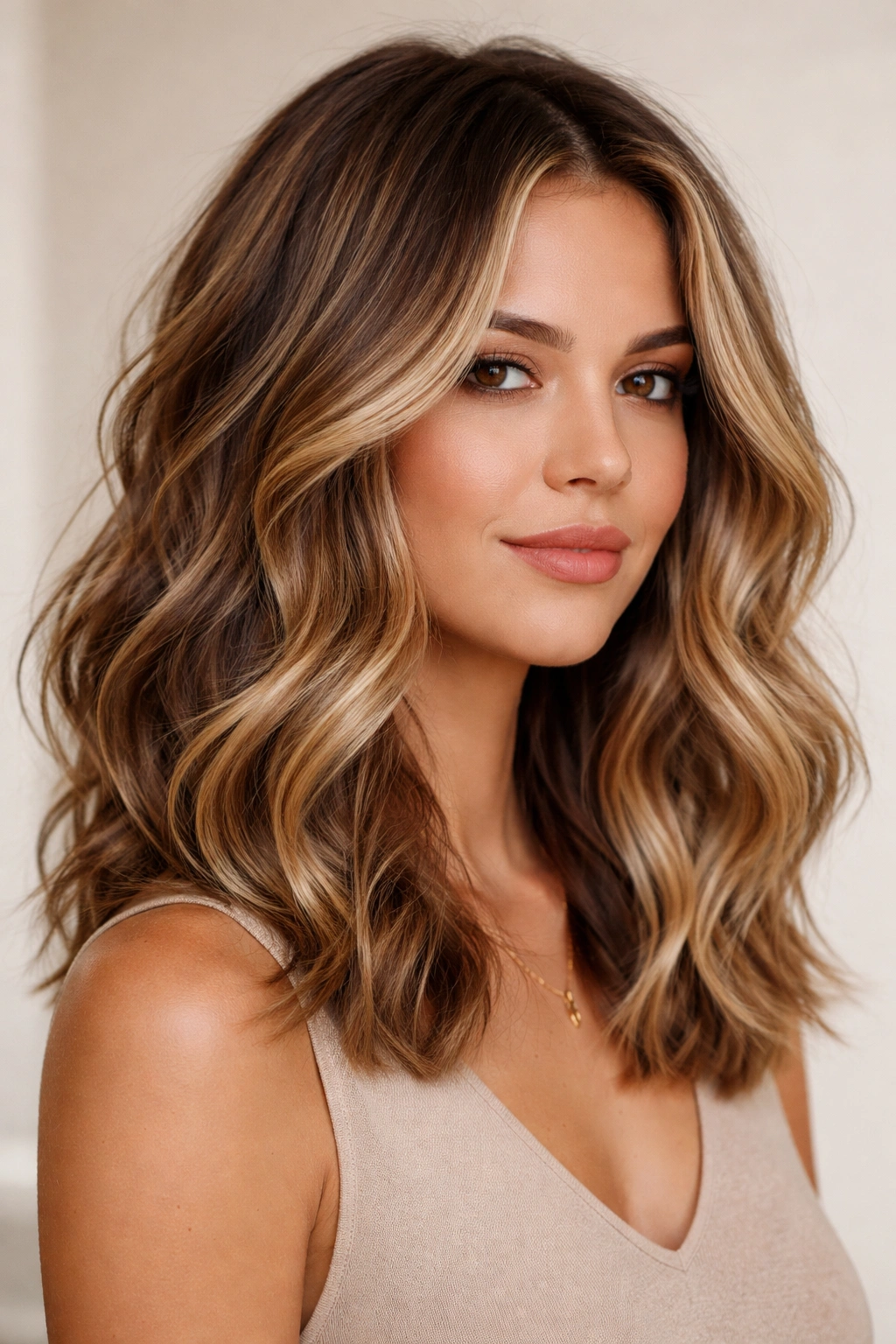 Balayage-enhanced wavy hairstyle with dimensional color
