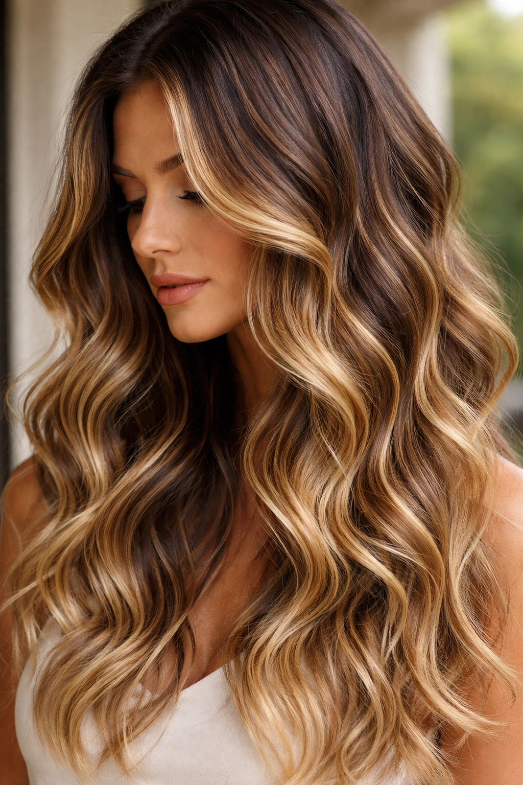 Wavy hair with balayage highlights creating natural sun-kissed depth