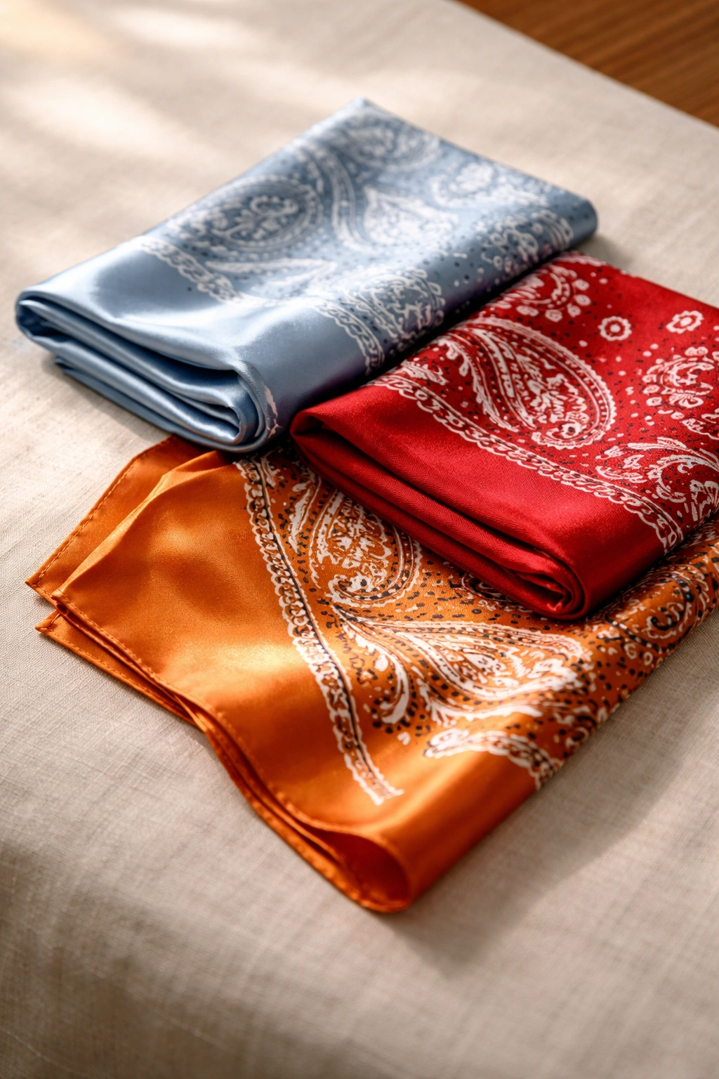 Top-down view of three folded bandanas showing satin, cotton, and silk textures