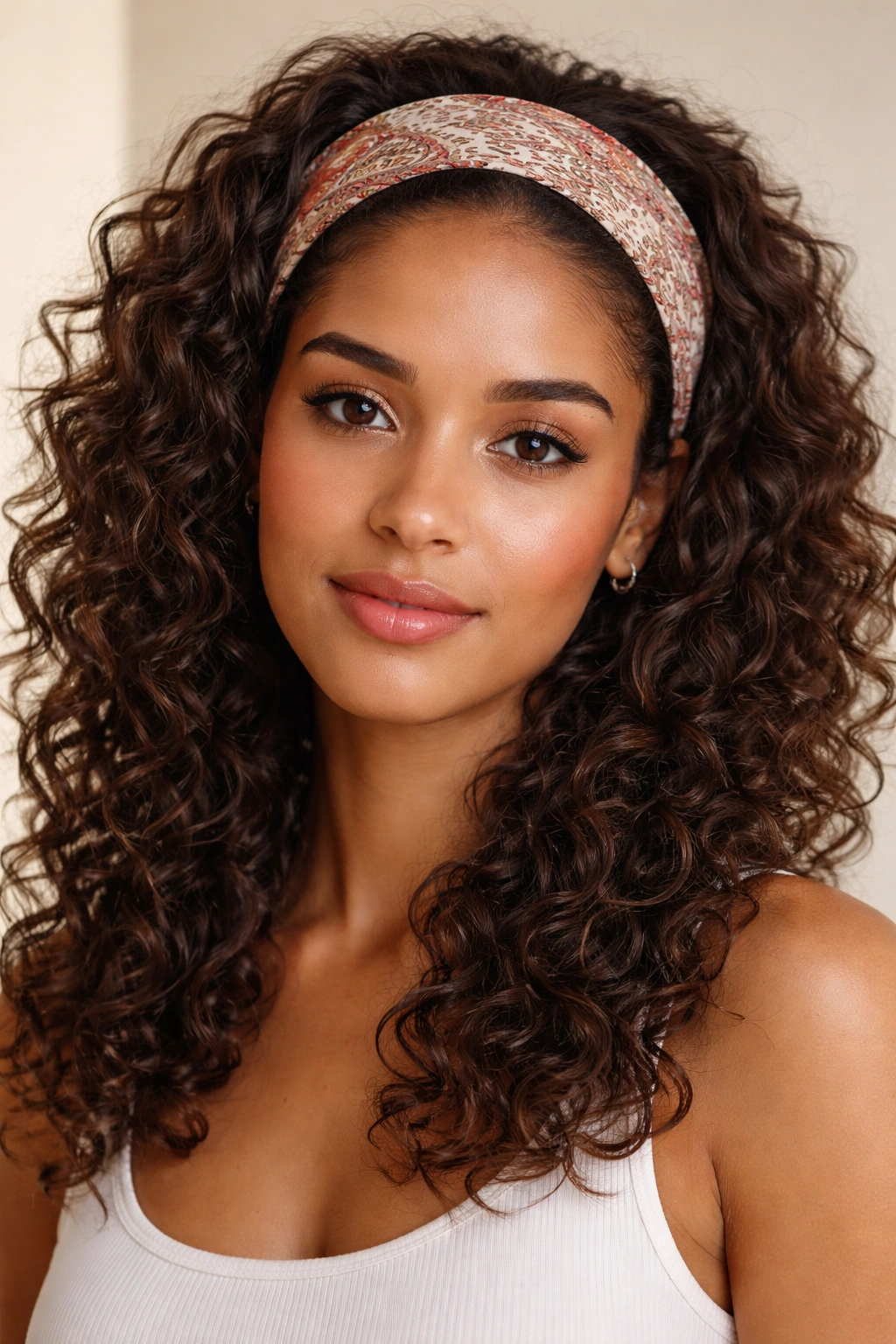 Front view of curls framing the face with a narrow bandana as a headband