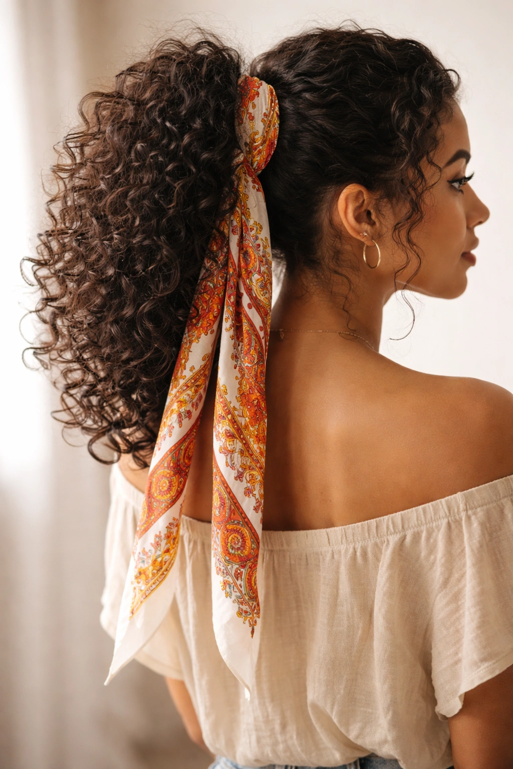Curly ponytail with bandana-wrapped base and flowing tails against a neutral background