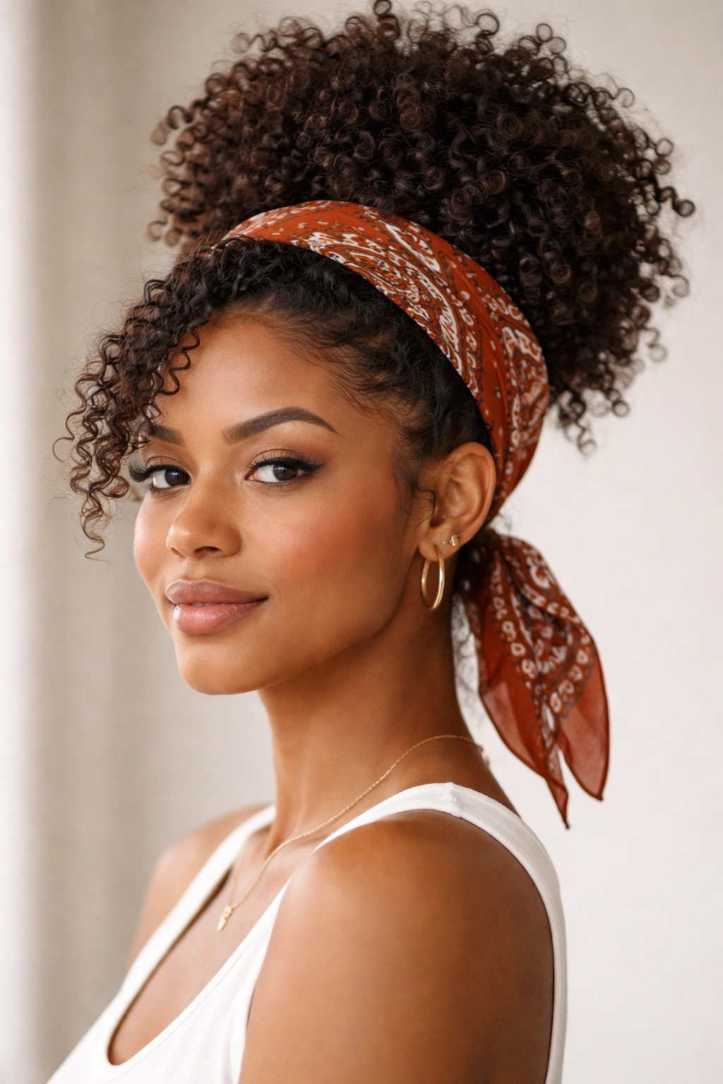 Close-up of a person with a high curly puff wrapped by a patterned bandana, neutral backdrop