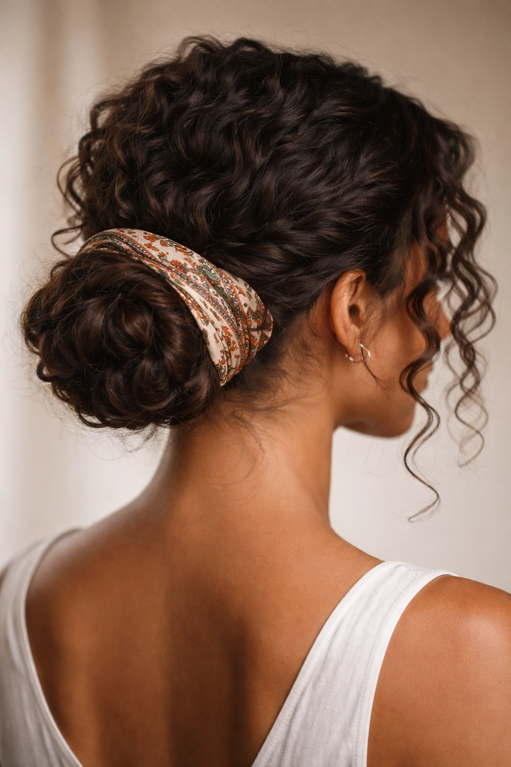 Rear three-quarter view of a low bun with twisted sides and bandana-wrapped base