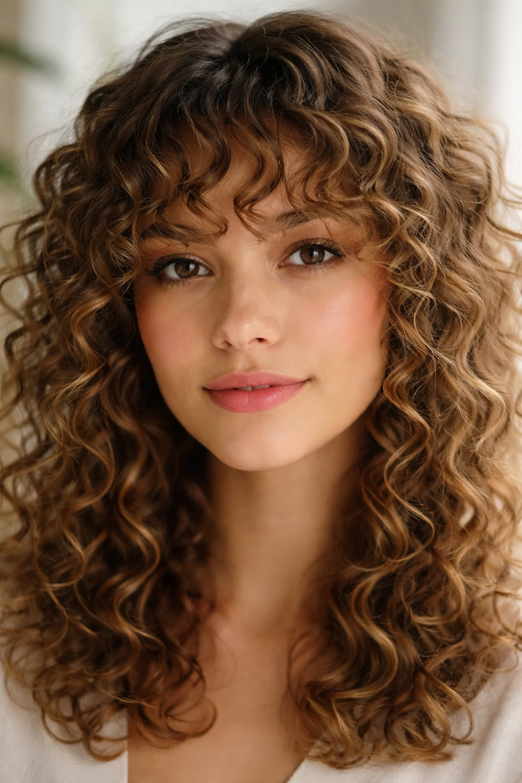 Front view of bangs with 3a curls framing the face