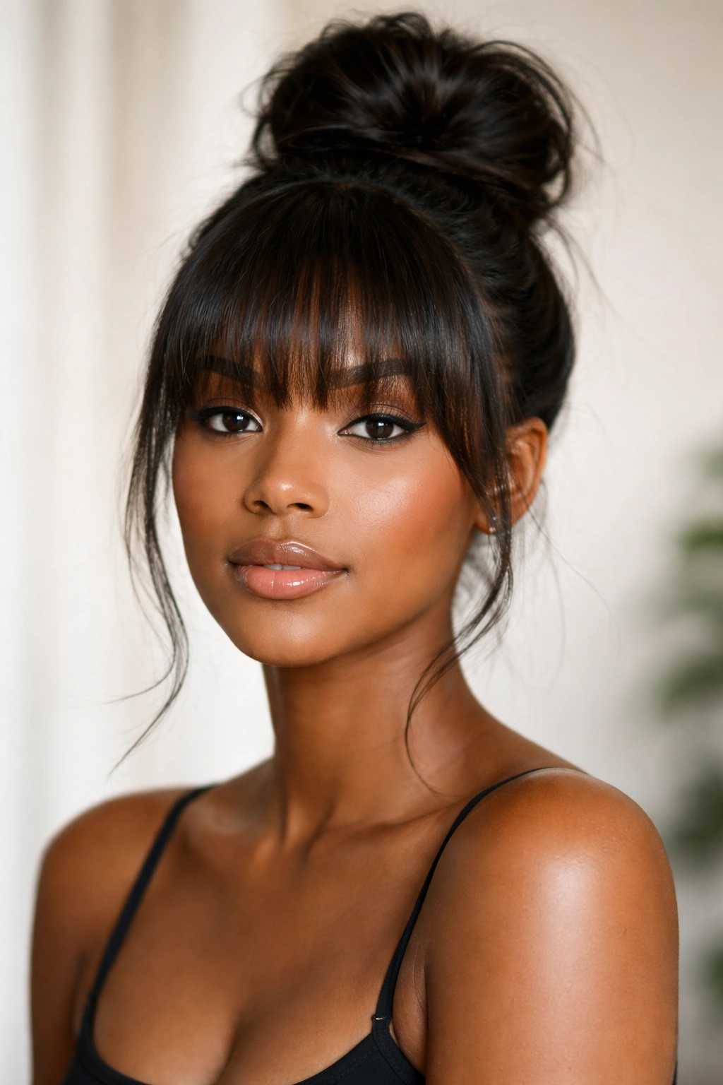 Portrait of a woman with bangs and a high bun, demonstrating face-framing bangs with a bun.