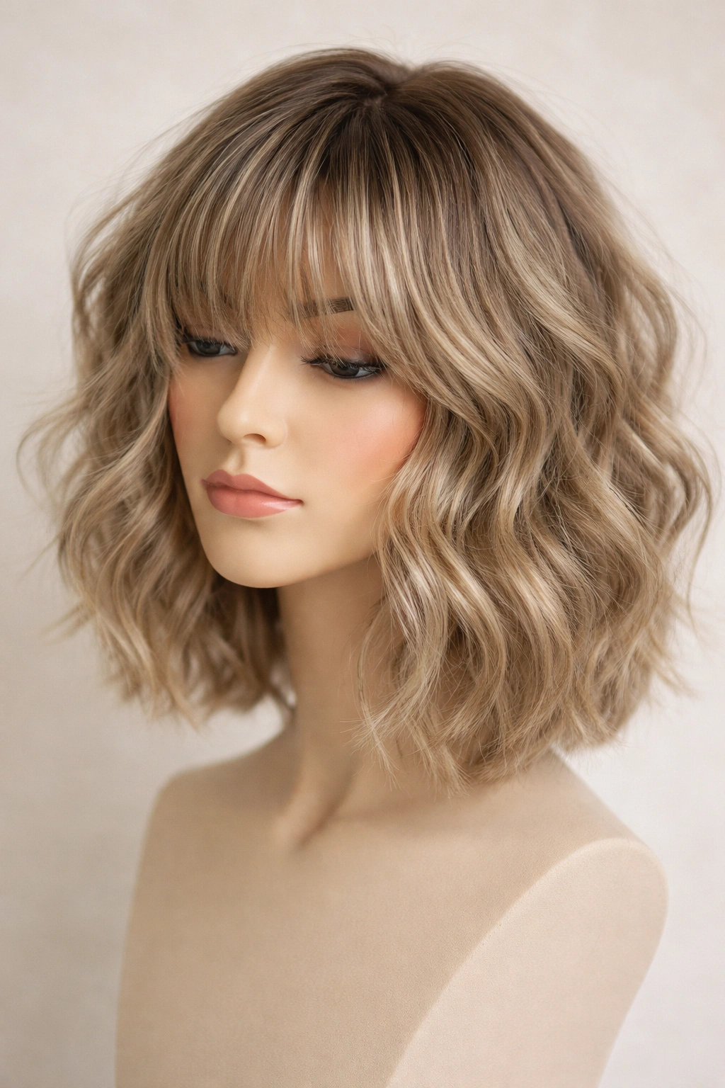 Soft choppy waves with textured bangs on a mannequin head.