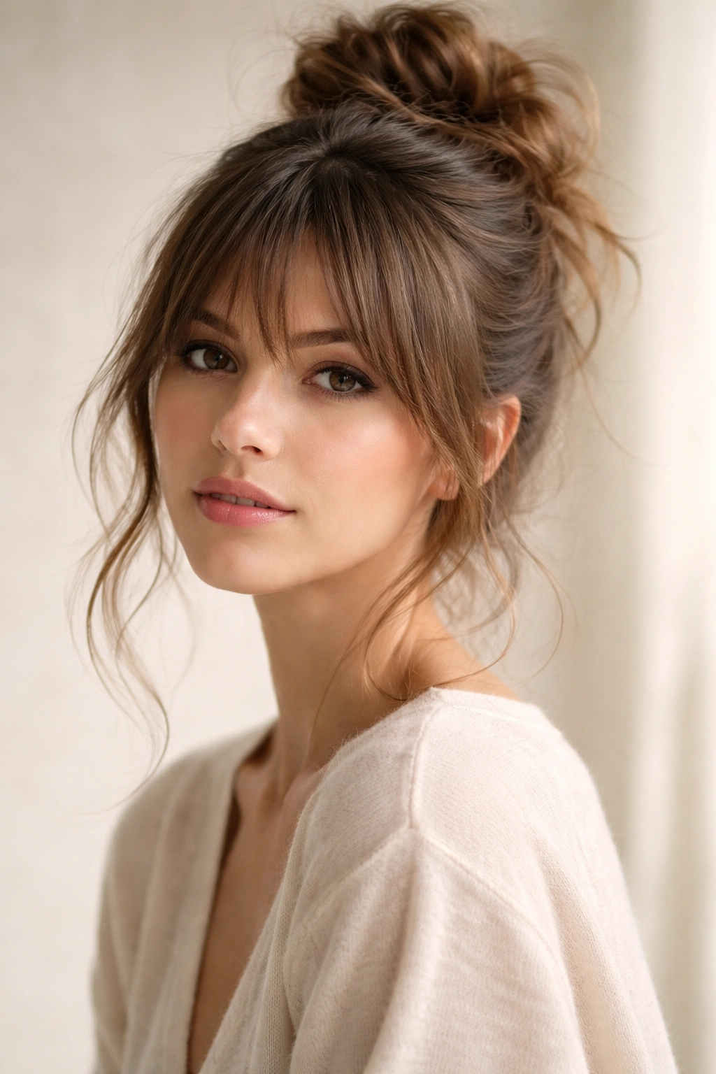 Messy bun with bangs framing the face