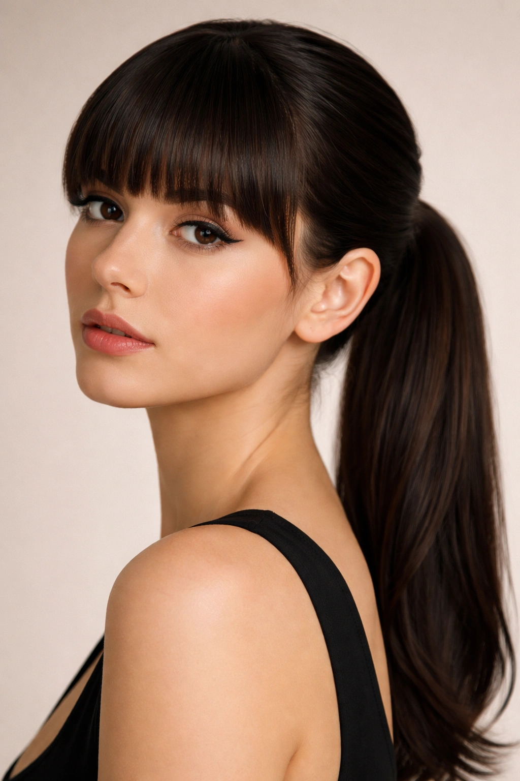 Close-up portrait of blunt straight bangs and a sleek low ponytail against a neutral studio backdrop.