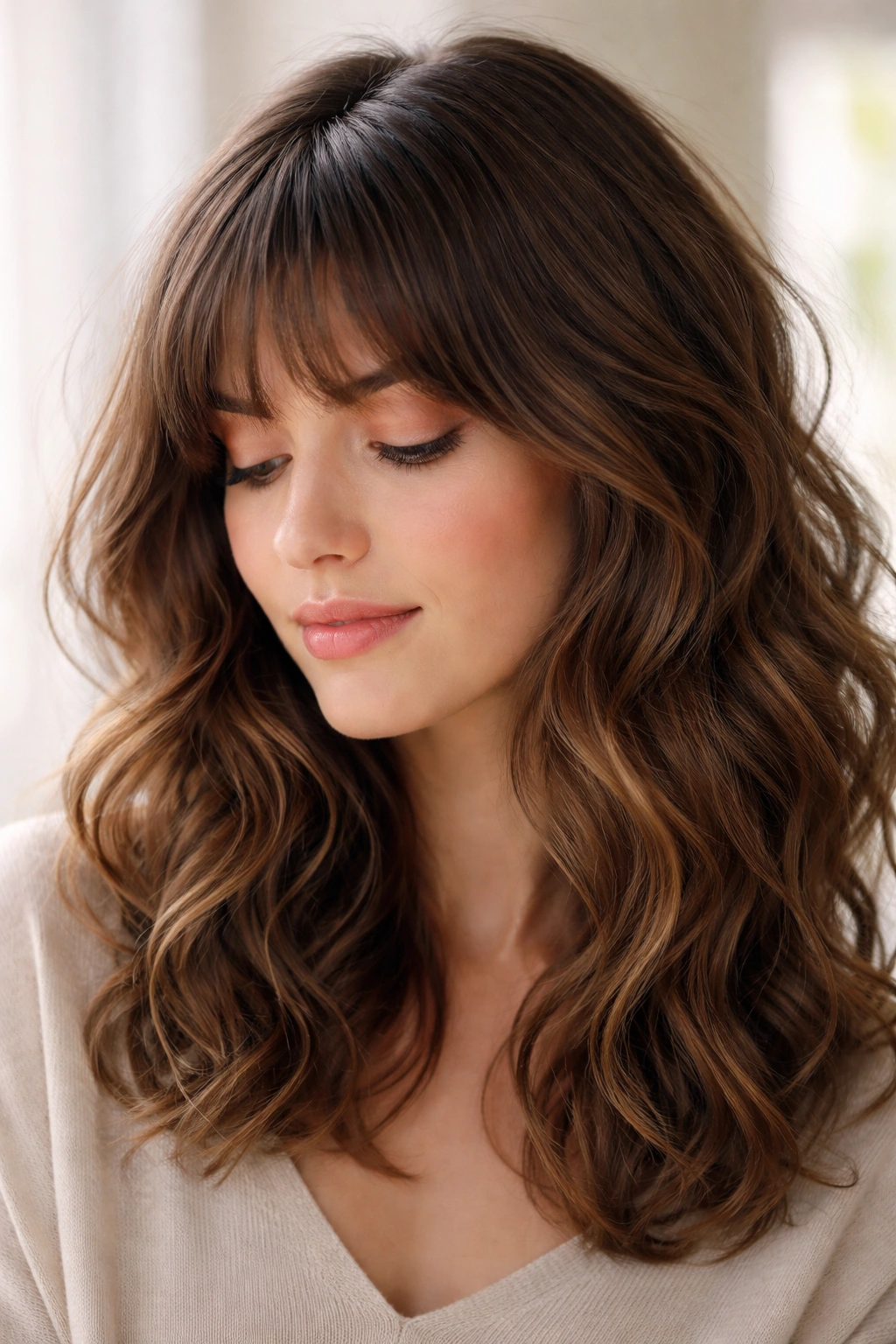 Close-up of soft, textured bangs blending with wavy medium-length hair