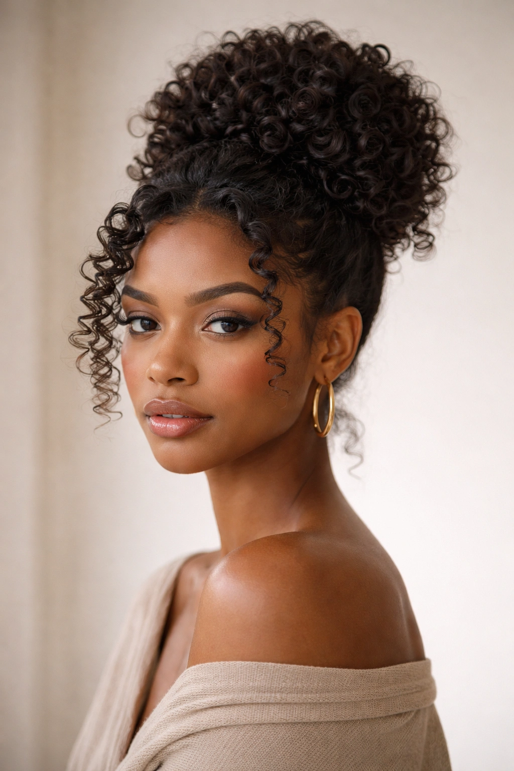Bantu knot-out curls gathered into a bun